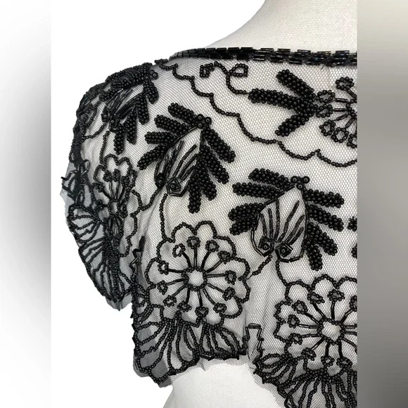 Vintage Black Beaded Mesh Floral Design Bolero Collar Shaw Belt Multi-way Piece - Picture 6 of 16